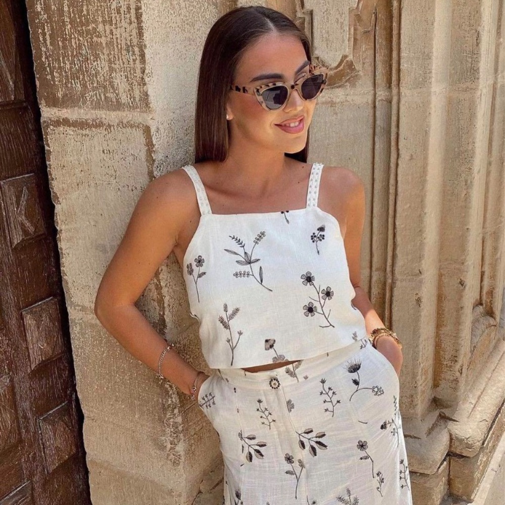 New Zara Linen Beaded Tie Back White Black Floral Top Blouse Cropped Summer M